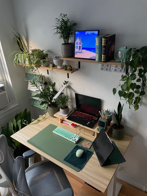 Organisation, Sage Desk Setup, Green Office Desk Decor, Cute Green Desk Setup, Office Aesthetic Green, Study Room Decor Green, Cozy Aesthetic Desk Setup, Midcentury Modern Desk Setup, Plants On Desk Ideas