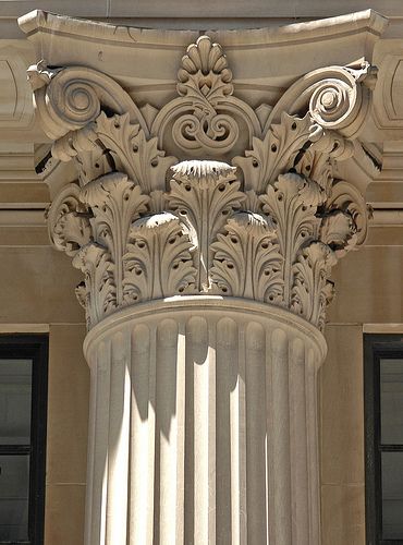 Corinthian Capital with stylised acanthus leaf motif......I have to draw this for my art history class...... برج العرب, Corinthian Capital, Pillar Design, Corinthian Column, Roman Architecture, Stone Columns, Leaf Motif, Classic Architecture, Greek Art