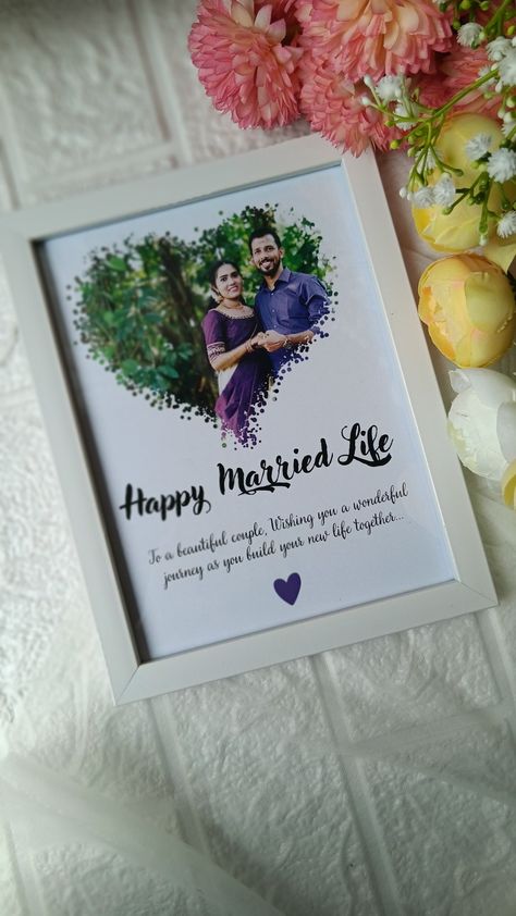 Anniversary Photo Frame Ideas Diy, Couple Frames Ideas, Wedding Gift Photo Frame, Photo Frame Gift For Marriage, Happy Married Life Frame, Best Friend Marriage Gift Ideas, Wedding Anniversary Frame Ideas, Marriage Photo Frame Ideas, Anniversary Photo Frame Ideas