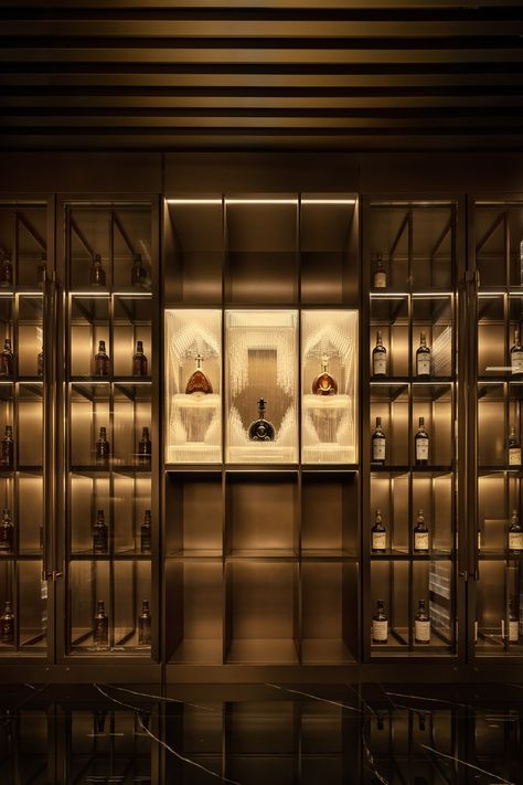 news: xin rong ji is an upscaled restaurant designed to celebrate history and modernity | the design story Wine Display Design, Wine Cabinet Design, Whiskey Room, Liquor Bar, Home Wine Cellars, Home Bar Design, Bar Shelves, Whisky Bar, Luxury Bar