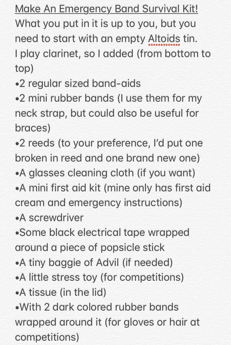 Marching Band Emergency Kit, Marching Band Must Haves, Band Competition Packing List, Section Leader Band, Marching Band Survival Kit, Marching Band Essentials, Band Section Leader Ideas, Drum Major Salute Ideas, Band Camp Survival Kit Color Guard