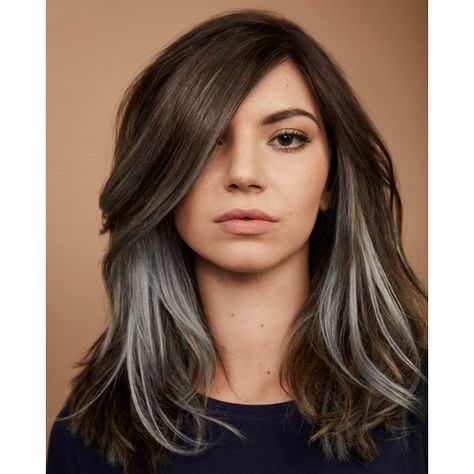 Muted metallic is trending for 2018, so when your brunette client says she wants to change it up a bit, offer this cool chrome brown. Here are the formulas and steps Redken Global Color Creative Director Josh Wood uses to make it happen. Silver Underlights, Chrome Hair, Peekaboo Hair Colors, Underlights Hair, Peekaboo Hair, Hair Silver, Balayage Blonde, Chocolate Brown Hair, Hair Streaks