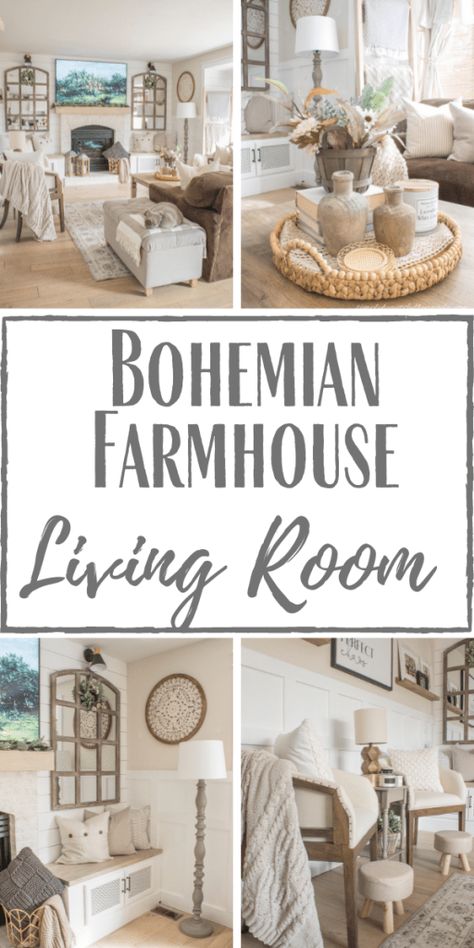 One Room Challenge (Week 8): The Reveal! Boho Interior Living Room, Boho Farmhouse Home Decor, How To Decorate An Open Floor Plan, Boho Farmhouse Living Room Ideas, Boho Decorating Ideas For The Home, Farmhemian Decor Living Room, Modern Country Farmhouse Living Room, Farmhouse Floor Lamps Living Room, Boho Living Room Curtains Ideas