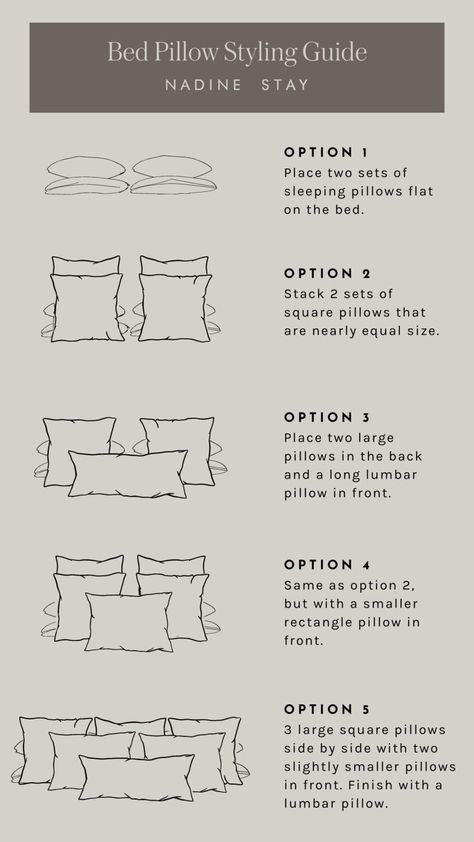 Bed Pillow Pattern, Size, & Arrangement Guide - Nadine Stay Apt Bed, How To Make A Bed Like A Designer, Mixing Fabrics Patterns, Bedroom Pillows Arrangement, Palette Bed, Bed Pillow Arrangement, Nadine Stay, Pillow Size Guide, Pillow Stack