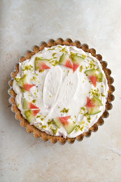 watermelon pie - the palatable life Watermelon Pie With Condensed Milk, Watermelon Pie Recipes, The Palatable Life, Palatable Life, Lime Pie Recipe, Watermelon Pie, 80's Party, Watermelon Cake, Cracker Crust