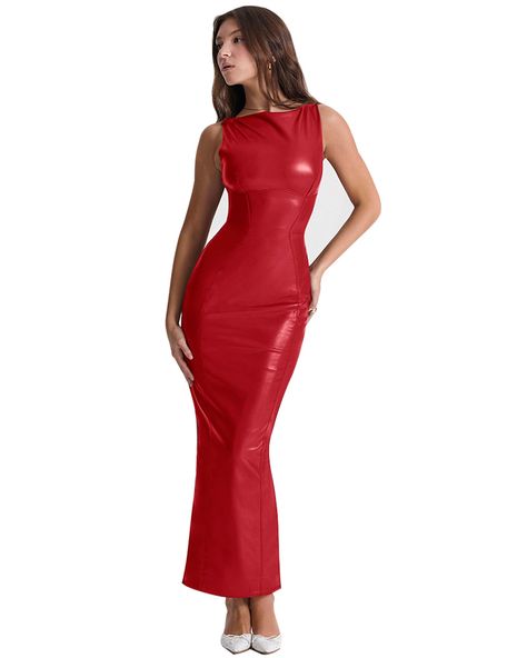 PRICES MAY VARY. Feature: Long dresses, leather dress,faux leather dress,maxi dress, long floor length, off shoulder Design:The floor length and bodycon design can easily hide your belly perfectly show your sexy figure Material: 95% Polyester + 5% Spandex + Pu Leather, very skin friendly fabric Occassion: This classic maxi dress is great for casual party, evening,wedding, daliy wear.formal, also perfect as Maternity clothing and it is easy to dress up or down with jewelry and shoes. Care:Hand wa Black Outfits, Red Leather Dress, Bodycon Design, Home Dress Women, Bodycon Maxi Dress, Long Red Dress, Boat Neck Dress, Faux Leather Dress, Cat Dresses