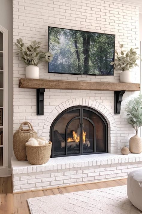 40 Beautiful White Brick Fireplace Ideas for a Bright Living Room Limewash Brick Fireplace Living Rooms, Vaulted Fireplace With Built Ins, Country Style Home Decor Living Room, Cream Painted Fireplace, Neutral Brick Fireplace, Shiplap On Ceiling In Living Room, White Fireplace Green Wall, Modern French Country Fireplace Ideas, Green Mantel Fireplace