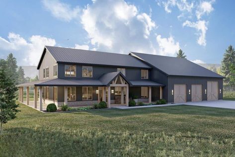4-Bedroom Barndominium-Style House with Home Office and Oversized RV Garage (Floor Plans) 2 Story Barndominium Floor Plans, Advanced House Plans, Barn Plan, Barndominium Plans, Rv Garage, Barn House Design, Barn Style House Plans, Barndominium Floor Plans, Casa Exterior