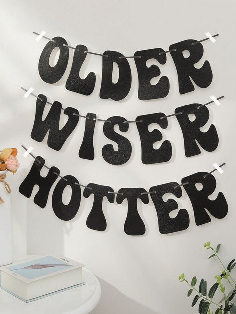 Black 'older Wiser Hotter' Fantasy Silver, Green, Pink, Pull Flag Disco Birthday Party Decoration Banner, Set Of 1I discovered amazing products on SHEIN.com, come check them out! Restaurant Birthday Decorations Table Settings Party Ideas, 30th Birthday Disco Theme, 20s Birthday Party Theme, 30th Birthday Disco, Disco 30th Birthday Party, Black Disco Party, Disco Bday Party, Funeral Birthday Party, Black Birthday Party Aesthetic