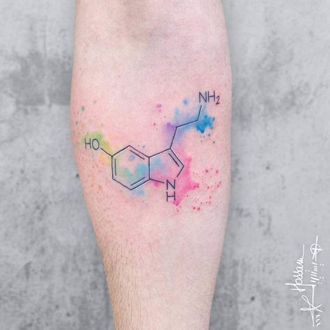 Serotonin is the key hormone that stabilizes our mood, and is rapidly becoming a popular tattoo design idea when expressed symbolically. Serotonin Tattoos For Women Flower, Dopamine Tattoo Ideas, Dopamine Serotonin Tattoo, Dopamine And Serotonin Tattoo Ideas, Serotonin Tattoos For Women, Adrenaline Tattoo Ideas, Molecule Tattoo Ideas, Seratonin Small Tattoo, Serotonin Molecule Art