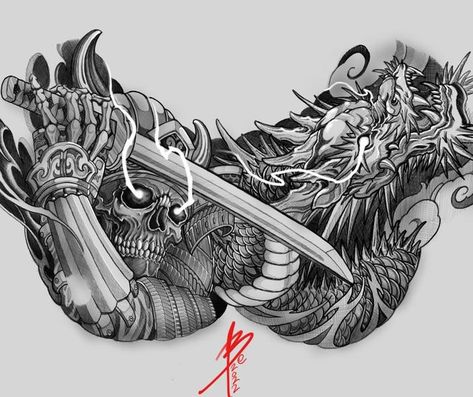 Samurai And Dragon, Chest Tattoo Japanese, Ghost Samurai, Tato Geisha, Blitz Tattoo, Samurai Tattoo Sleeve, Chest Tattoo Drawings, Tato Ikan Koi, Guerriero Samurai