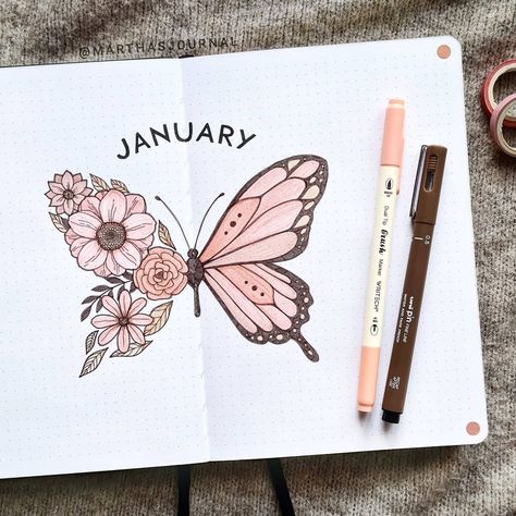 Vintage Notebook Cover Design, Butterfly Journal Page, Butterfly Bujo Theme, Bujo Butterfly Theme, Butterfly Journal Ideas, January Butterfly, Butterfly Bujo, Butterfly Bullet Journal, Bullet Journal Theme Ideas