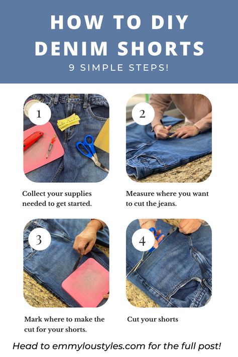 step by step process for making your own jean shorts How To Make Cutoff Jean Shorts, Cut Jeans Into Shorts, Making Jean Shorts, Diy Denim Shorts, Diy Denim, Cutoff Jean Shorts, Diy Clothes Life Hacks, Denim Diy, Fabric Tags