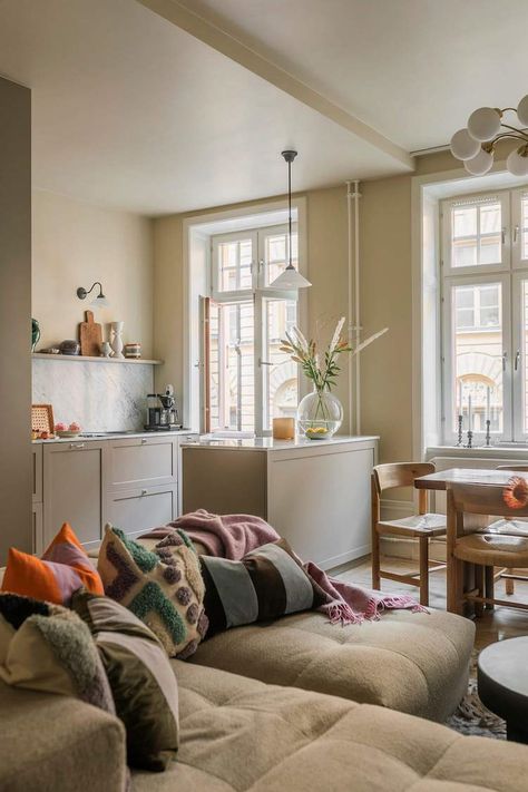 Interior Colour Combinations, Beige Bedframe, Cozy Scandinavian, Swedish Home, Latest Sofa Designs, Scandinavian Apartment, Kitchen Cabinet Styles, Swedish House, Cozy Apartment