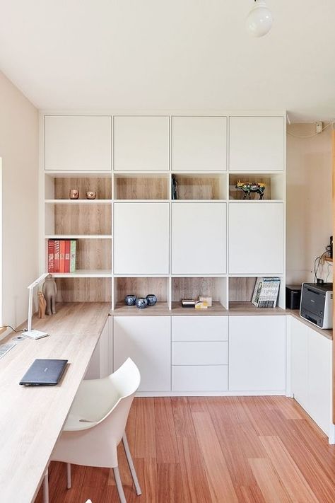 Small Office Cupboard Ideas, Home Office Cupboard Ideas, Office With Built In Bookshelves And Desk, Study Room Storage Ideas, Home Office Inspiration Storage, Storage Design For Office, Home Office With Cupboards, Small Home Office With Storage, Tiny Office Space Ideas Workspaces