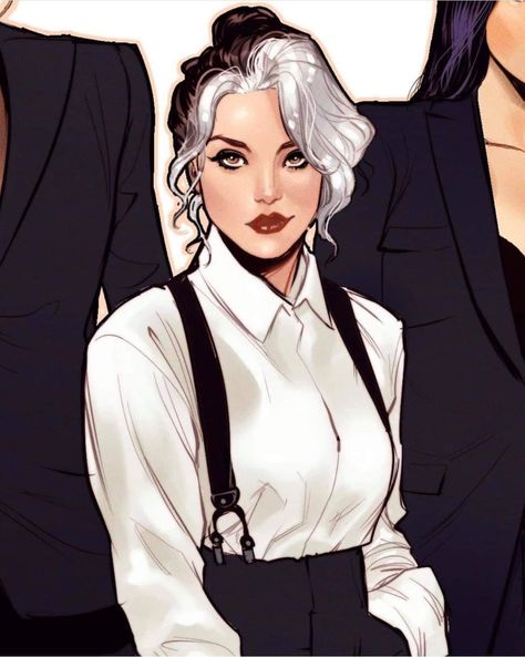 Business Woman Oc Art, Black Hair White Streak Character Art, Business Woman Character Art, Tremere Female, Tremere Aesthetic, Comic Female Characters, Rogue Xmen Hair, Female Detective Character Design, Dc Female Characters