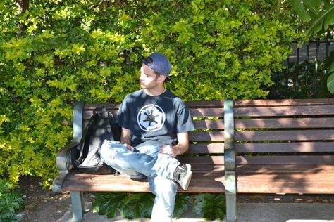 Handsome man Sitting on a park bench Two People Sitting On A Bench, Sitting On Bench Reference, Sitting On A Bench Poses, Sitting On Bench Pose, Person Sitting On Bench, People Sitting On A Bench, Bench Drawing, Sitting On A Park Bench, Sitting On Bench