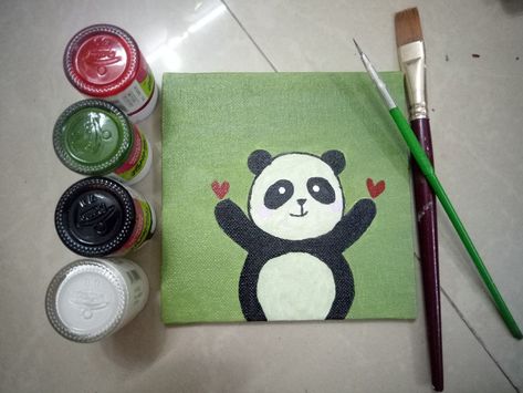 Material used : 5"*5" inch canvas board 
Acrylic paint and brush Tela, Panda Painting Easy, Panda Canvas Painting, Tiny Panda, Cute Panda Drawing, Panda Painting, Panda Drawing, Happy Panda, Cartoon Painting