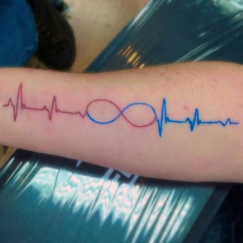 Mens Forearms Red And Blue Heartbeat Combining To Form Infinity Tattoo Tatuaje Ekg, Ecg Tattoo, Tattoo Infinito, Pulse Tattoo, Lifeline Tattoos, Infinity Sign Tattoo, Ekg Tattoo, Heartbeat Tattoo Design, Infinite Tattoo