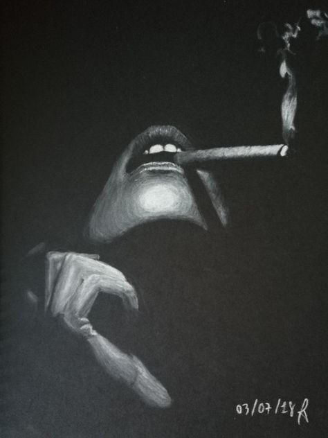 Smoking woman in white charcoal on black paper Crazy Woman Drawing, White Charcoal Drawing On Black Paper, White On Black Drawing, White Charcoal On Black Paper, Charcoal On Black Paper, Charcole Drawings, T Shirt Fonts, Class Inspiration, Monochrome Painting