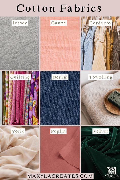 Types of Fabrics and Materials with Names and Pictures - Makyla Creates Different Clothing Fabrics, Clothes Fabrics Guide, Name Of Materials, Croquis, Couture, Different Cloth Material Names, Cloth Types Names, Clothes Material Fabrics, Type Of Fabric Textiles