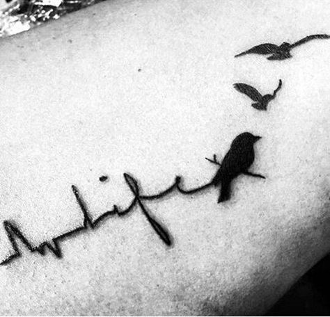 Cute Black Heartbeat Tattoo With Tiny Birds On Guys Forearms Heartbeat Tattoo With Bird, Ecg Tattoo, Heartbeat Tattoo With Name, Pulse Tattoo, Ekg Tattoo, Heartbeat Tattoo Design, Bird Tattoo Meaning, Tiny Bird Tattoos, Heartbeat Tattoo