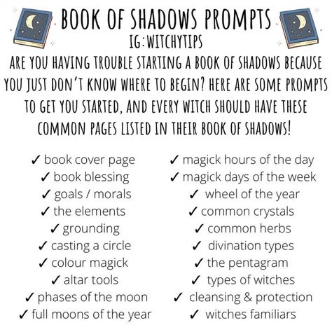 Tips for Witches Everywhere! ✨ on Instagram: “Book of Shadows prompts! It can be hard and intimidating to start a book of shadows, especially when you don’t know where to begin! Here’s…” Starting Book Of Shadows, Book Of Shadows Book Cover, Book Of Shadows Vs Book Of Mirrors, Bujo Book Of Shadows, What To Put In Book Of Shadows, Ideas For Book Of Shadows, What Is A Book Of Shadows, Starting A Book Of Shadows, Book Of Shadows Index Page