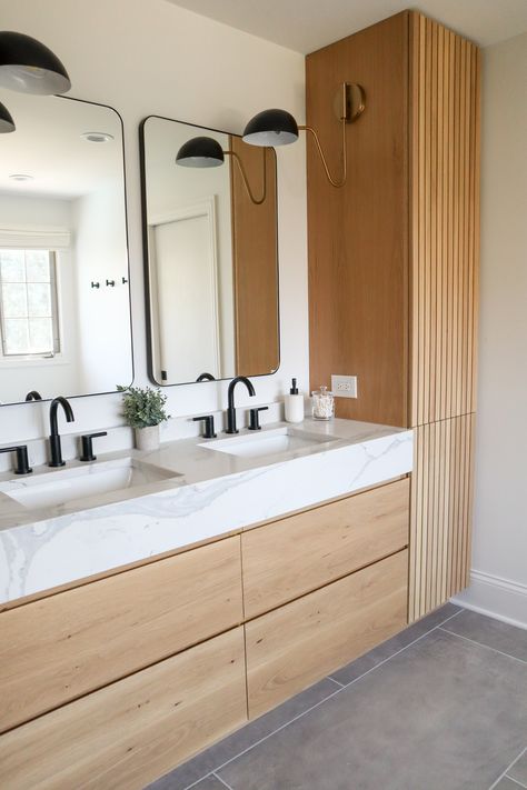 Deep Sink Vanity, Double Sink Bathroom Vanity Master Baths Modern, Modern Bathroom Vanity With Storage, Bathroom Mirror And Sink, White Oak Bathroom Ideas, Marble Double Vanity, Gray And Oak Bathroom, Bathroom Vanity With Thick Countertop, Double Sink Vanity With 2 Mirrors