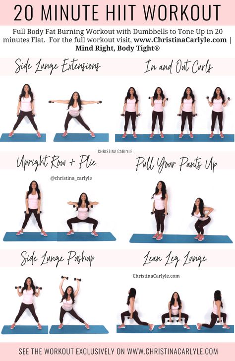 Quick HIIT workout for women from trainer Christina Carlyle. https://www.christinacarlyle.com/hiit-workout/ Cardio With Weights Workout, Hiit Workouts For Women, Full Body Fat Burning Workout, Weight Lifting Plan, Christina Carlyle, 20 Minute Hiit Workout, Hiit Workouts, Lose Belly Fat Workout, Weight Workout Plan