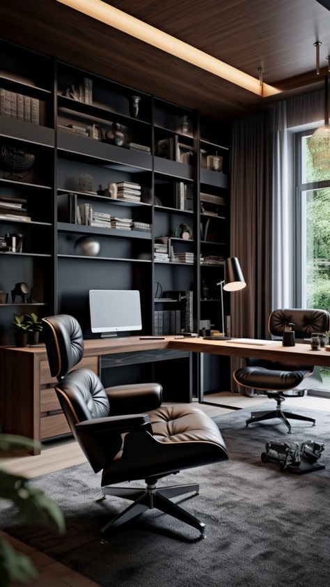 4 MODERN LUXURY : HOME OFFICE IDEAS  #homeoffice #modernchair #homedecor #affiliate #iearncommission Home Office Desk Ideas For Men, Men’s Home Office Ideas, Luxury Study Room Design, Black Study Room, Dark Modern Office, Small Office Ideas For Men, Classic Office Design Luxury, Luxury Home Office Ideas, Modern Masculine Office