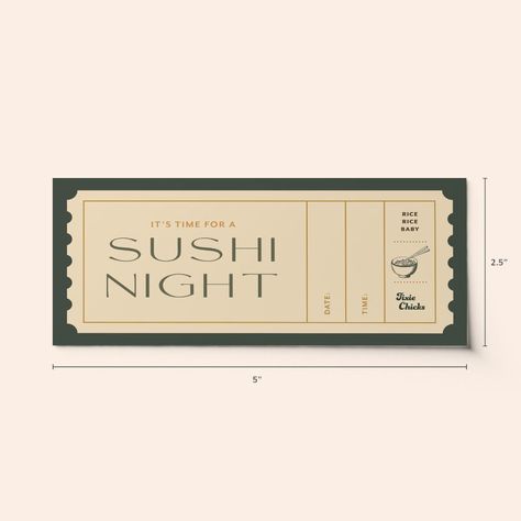 "THIS IS AN INSTANT DOWNLOAD - Purchase. Download. Insert Information. Print - Get your gift within seconds of purchasing!  Say \"Happy Birthday!\", \"Congratulations!\" and see the surprise on their faces as you give a personalized Sushi Night Ticket/Voucher! Share the joy of a personalized and unique gift. Included in the download is one Sushi Night Ticket/Voucher. How to: *  Immediately Download PDF file once your payment is confirmed. One ticket per purchase. *  Double-click PDF to open file Diy Voucher Gift, Sushi Gift Card, Sensei Gifts, Digital Birthday Cards Design, Voucher Design Ideas, Diy Gift Voucher, Diy Tickets, Dave Buonaguidi, Hotel Activities