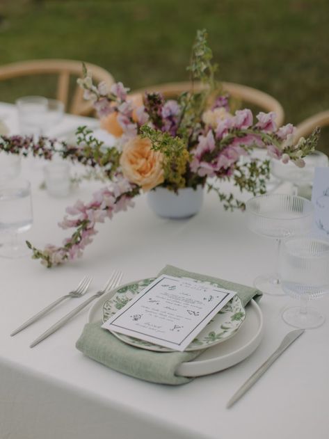 Rincon, Sage Green Wedding Plates, Green Purple Table Setting, Purple Peach Sage Wedding, Green Table Scape Wedding, Floral Plates Wedding, Green Plates Wedding, Wedding Table Green Napkins, Sage Green And Purple Table Setting