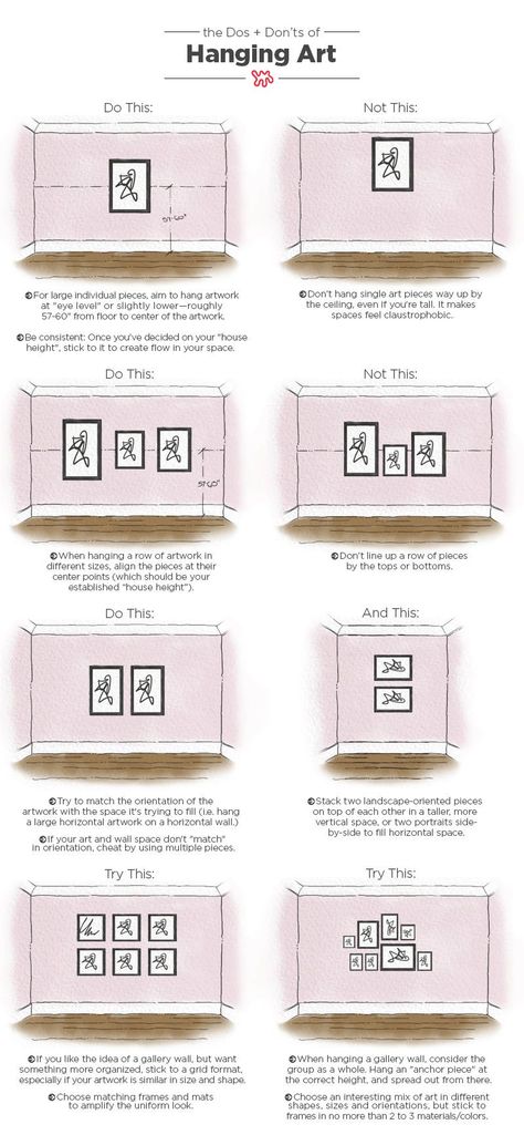 The Dos & Don'ts of Hanging Art: An Illustrated Guide — Be Your Own Designer Interior Makeover, Decorating Rules, Hang Pictures, Makeover Tips, Interior Design Guide, Hanging Artwork, Design Rules, How To Hang, Picture Hanging