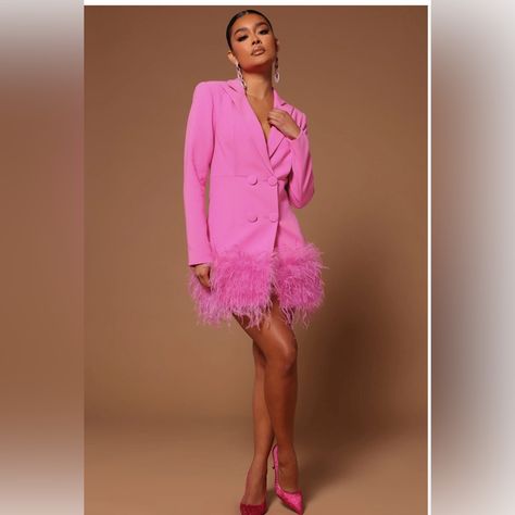 Fashion Nova Feather Blazer Dress Hot Pink Dress Outfit Party, Pink Dress Outfit Party, Blazer Dress Long, Pink Winter Dresses, Hot Pink Party Dress, Pink Blazer Dress, White Blazer Dress, Kentucky Derby Outfit, Bachelorette Outfit