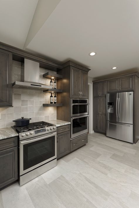 Grey Stain Cabinets Kitchen, Gray Floor Brown Cabinets, Gray Brown Cabinets Kitchen, Light Gray Kitchen Floor, Small Kitchen Counter Space Ideas, Brown Gray Kitchen Cabinets, Gray Brown Kitchen Cabinets, Gray Wood Kitchen Cabinets, Light Gray Floors Kitchen