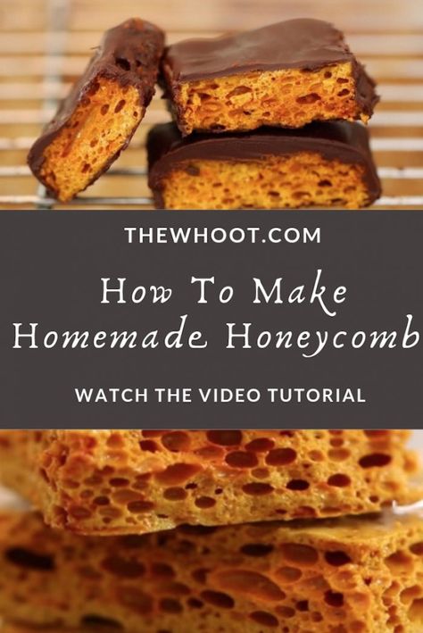 How To Make Honeycomb Recipe, Chocolate Covered Honeycomb Recipe, Homemade Honeycomb, Honeycomb Recipe, Cadbury Crunchie, Crunchie Bar, Honeycomb Candy, Bigger Bolder Baking, Toffee Recipe