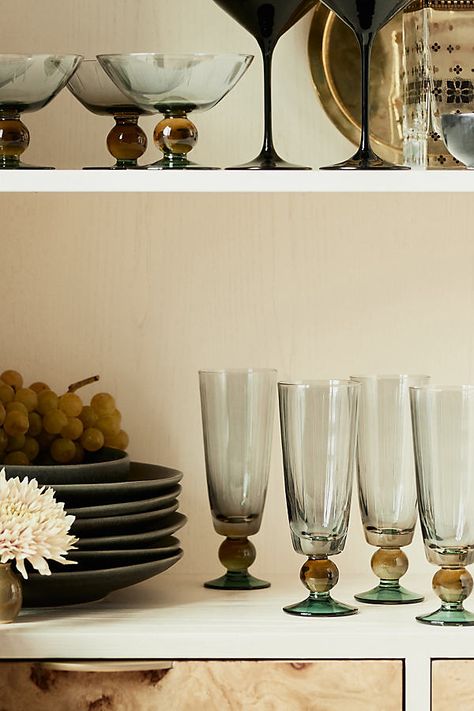 With an exquisitely handpainted, two-toned ball stem and saucer, the Maude glassware collection lends an air of sophistication to any dinner party. | Maude Flutes, Set of 4 by Anthropologie in Blue, Size: S/4 flute Coupe, Apartment Planning, Flute Glasses, Cocktail Glassware, Cocktail Accessories, Anthropologie Home, Fall 24, Outdoor Gifts, Anthropologie Uk