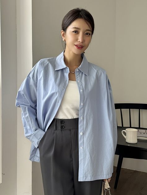 Blue Casual Collar Long Sleeve Fabric Plain Shirt Embellished Non-Stretch Spring/Summer Women Clothing Blue Button Shirt Outfit Women, Gray Shirt Outfit Aesthetic, Blue Shirt Outfit Aesthetic, Blue Button Up Outfit, Blue Button Up Shirt Outfit, Blue Blouse Outfit, Button Shirt Outfit, Gray Shirt Outfit, Blue Shirt Outfit