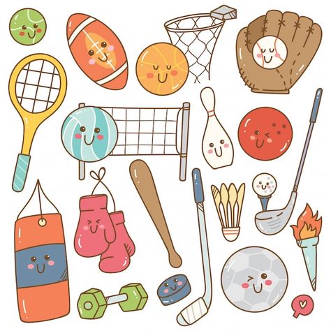 Sports Easy Drawing, Sports Drawing, Sports Drawings, Zestaw Ikon, Sport Equipment, Montessori Toddler Activities, Drawing Sheet, Sport Illustration, Kawaii Doodles