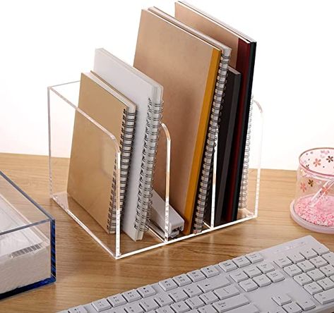 Acrylic Desk Accessories Office Supplies, Clear File Organizer, Organisation, Acrylic And Gold Office Accessories, Book Desk Organization, Desk Storage Ideas Organizing, Desk Organization Inside, File Organizer Aesthetic, Desk Organization Books