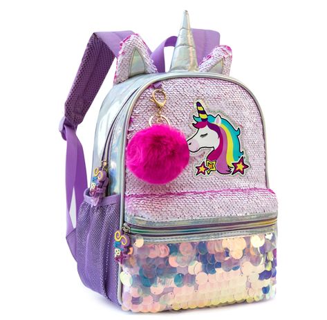 PRICES MAY VARY. Bright color-block design, durable and practical material, your little girl will love it at first sight One backpack, one pendant, backpack size :13"X10.2"X4.7" Main pocket has a 10.5" iPad sleeve; front pocket designed for key, pen and notebook; side pockets designed for bottles or umbrella Cute toddlers backpack was ideal for school, camping, birthday gift Recommended minimum age: 3 years old Pen And Notebook, Fluffy Keychain, Girly Backpacks, Kindergarten Backpack, Sequin Backpack, Unicorn Illustration, Accessories Pink, Backpack Reviews, Camping Birthday