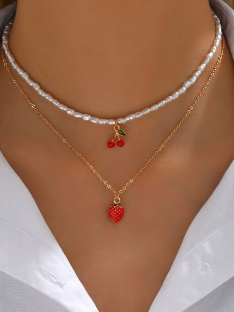 Gold  Collar  Zinc Alloy   Embellished   Teen Jewelry & Watches Gold Cherry Necklace, Red And White Necklace, Girly Jewelry Necklaces, Cute Summer Jewelry, Preppy Necklace, Girl Necklaces, Preppy Necklaces, Teen Necklaces, Strawberry Necklace