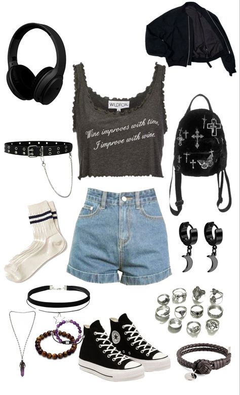 Outfit Inspo For Hot Days, 90s Rock Band Outfits, Grunge Outfits Shorts, Alternative Summer Outfits Grunge, Soft Grunge Summer Outfits, Grunge Summer Outfits 90s Style, Emo Outfits Summer, Lazy Grunge Outfits, Edgy Summer Outfits Soft Grunge