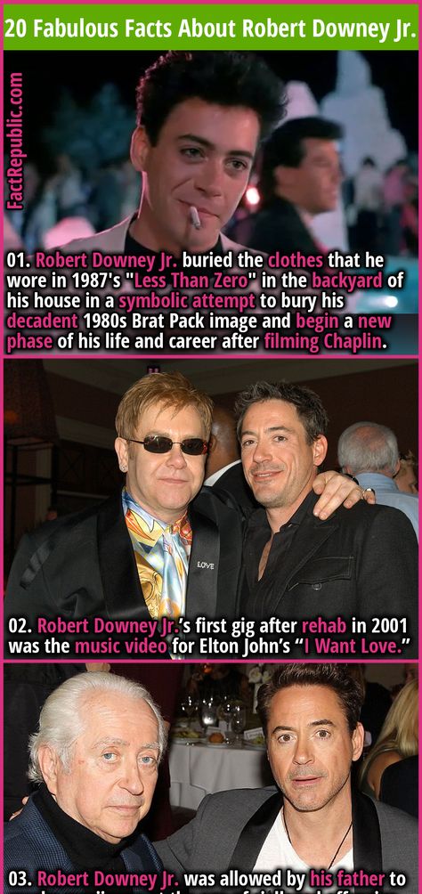 20 Fabulous Facts You Didn’t Know About Robert Downey Jr. | Fact Republic Less Than Zero Movie, Robert Downey Jr House, Robert Downey Jr Kids, Film Facts, Less Than Zero, Random Knowledge, Famous Music, Friends Tv Quotes, Fact Republic