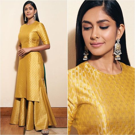 Yellow Patiala Suit For Haldi, Yellow Patiala Suit, Simple Suit Design, Suit For Haldi, Sleek Hairstyle, Hairstyle Indian, Mrunal Thakur, Indian Kurti Designs, Indian Designer Suits