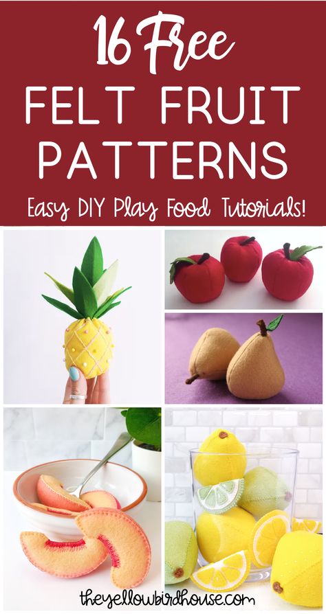 16 Free Felt Fruit Patterns - Easy DIY Play Food - Felt Fruit And Vegetables Diy, Hand Sewing Tutorials, Diy Felt Play Food, Diy Play Food, Felt Food Templates, Felt Food Patterns Free, Easy Hand Sewing, Play Food Diy, Felt Food Pattern