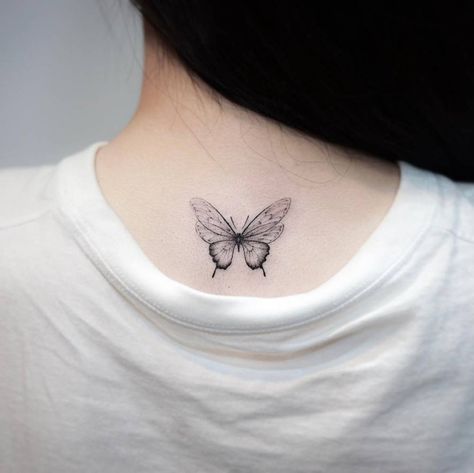 Butterfly Back Neck Tattoo Designs, Neck Tattoo Designs For Women, Neck Tattoos For Girls, Back Neck Tattoos, Back Neck Tattoo, Neck Tattoo Designs, Butterfly Neck Tattoo, Tattoos Back, Tiny Heart Tattoos