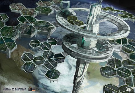 love the hexagonal fields - hexagonal shape is good for modular parts Space Station Art, Sci Fi Landscape, Sci Fi Spaceships, Sci Fi City, Life Space, Sci Fi Environment, Spaceship Concept, Spaceship Design, Concept Ships