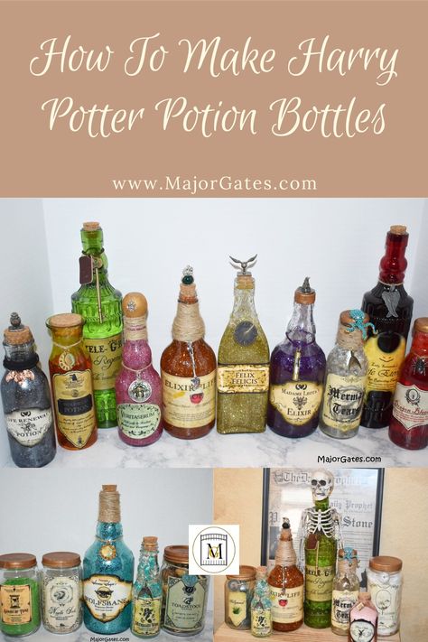 What To Put In Potion Bottles, Potion Bottles Harry Potter, Potions Bottles Harry Potter, Harry Potter Potion Making Party Ideas, Spooky Potion Bottles, Harry Potter Textbooks Printable, Harry Potter Bottle Art, Harry Potter Potion Bottles Diy, How To Make A Potion Bottle