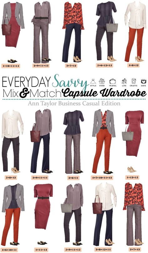 This Ann Taylor business casual capsule wardrobe will have you looking great at work. It includes some pops of color and pattern mixing. via @everydaysavvy Business Casual Capsule Wardrobe, Business Casual Capsule, Casual Capsule Wardrobe, Ținute Business Casual, Work Outfits Frauen, Outfit Essentials, Mix Match Outfits, Capsule Wardrobe Outfits, Capsule Wardrobe Work